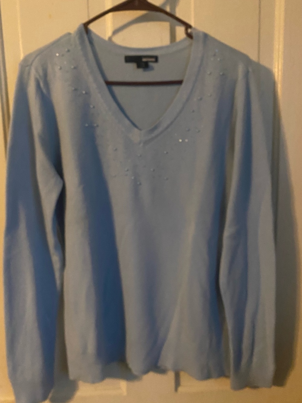 Basic Editions Light Blue V-Neck Sweater with Beaded Accents